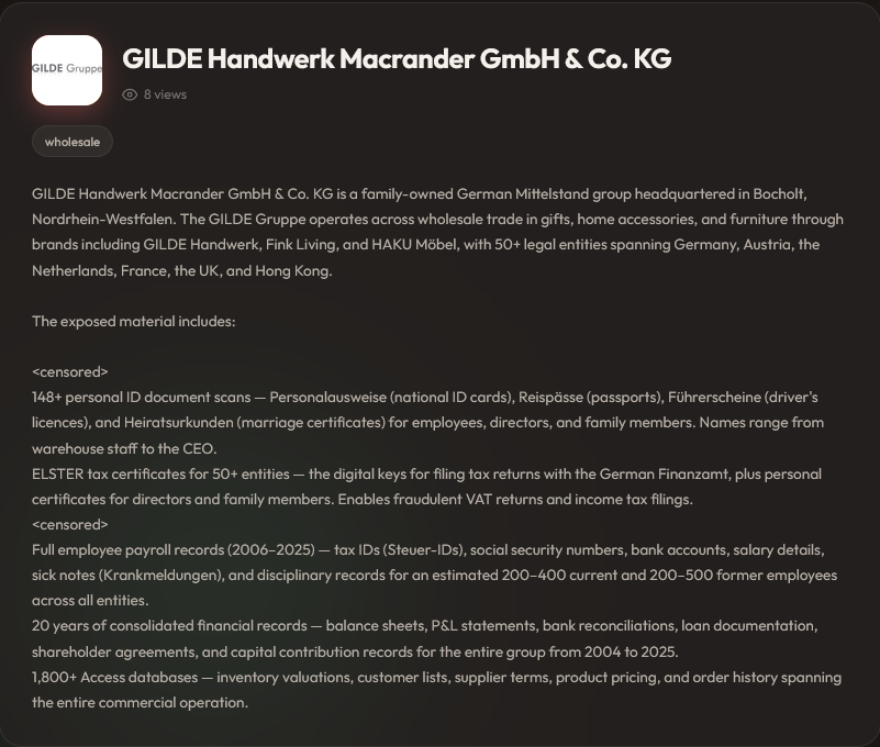 GILDE HANDWERK Macrander GmbH & Co. KG falls victim to Aur0ra Ransomware