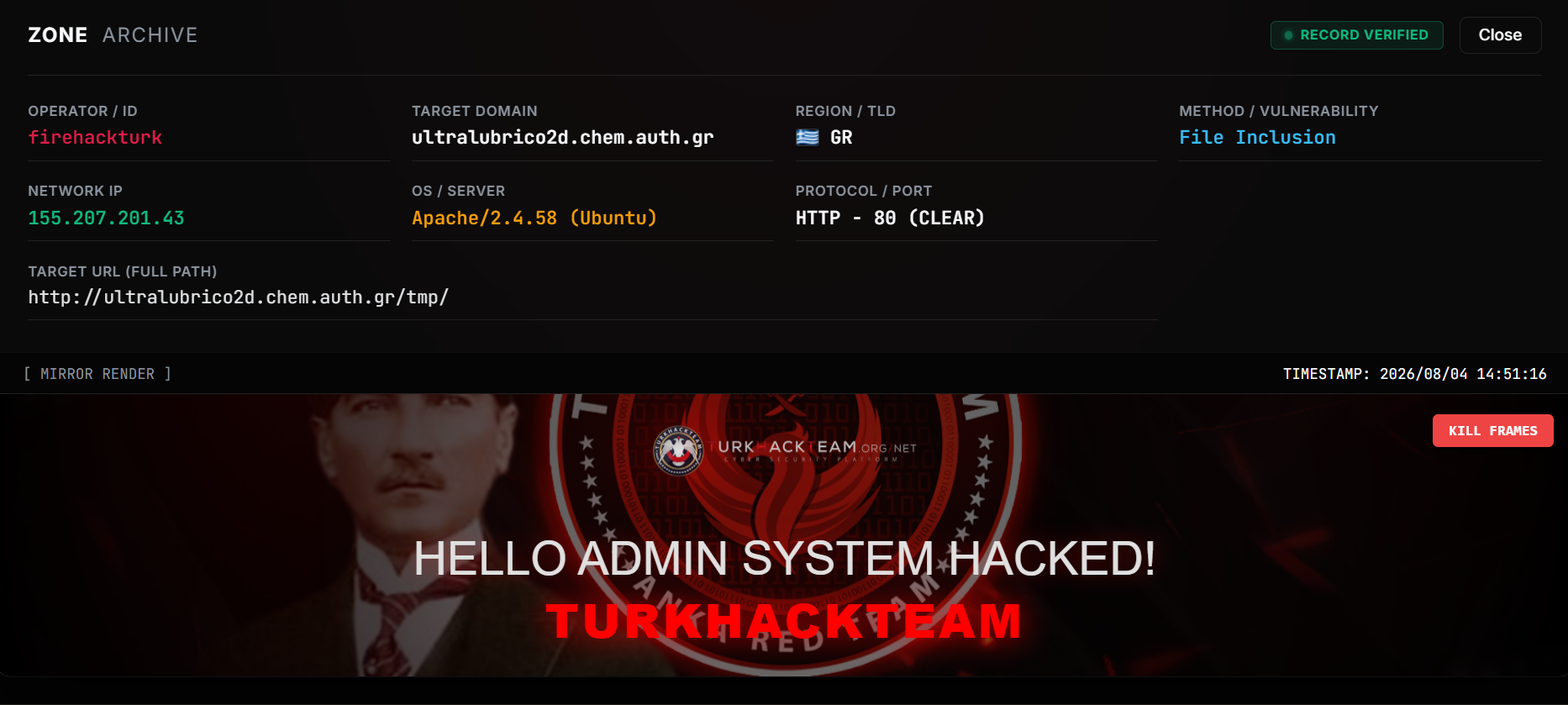 firehackturk targets the website of Aristotle University of Thessaloniki (AUTH)
