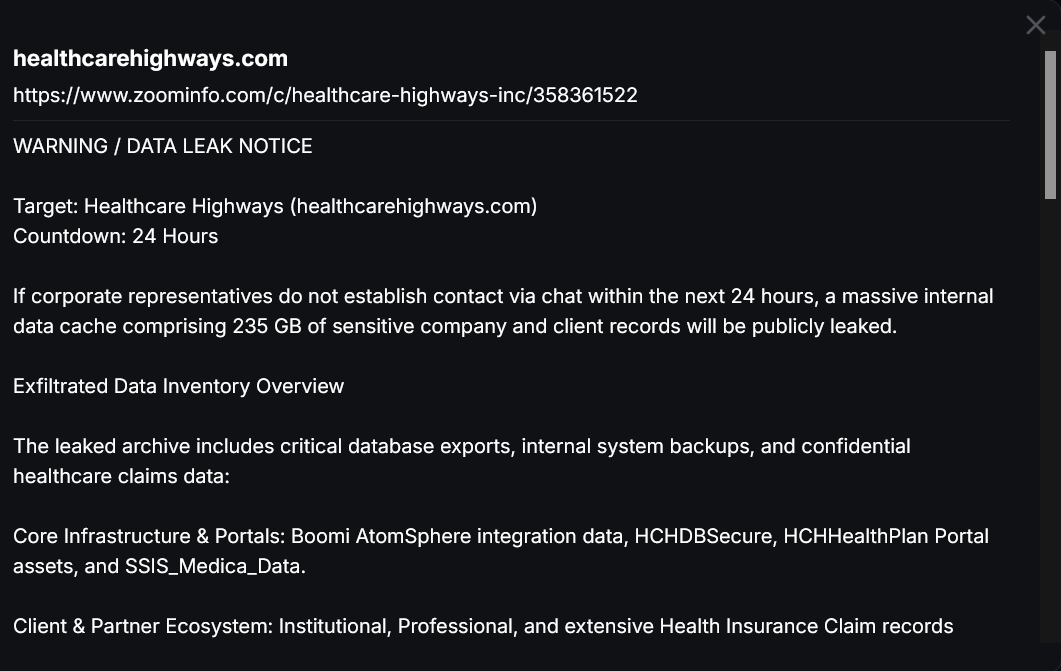 Healthcare Highways, Inc. falls victim to CHAOS ransomware