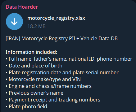 Alleged data leak of Iranian Motorcycle Registry