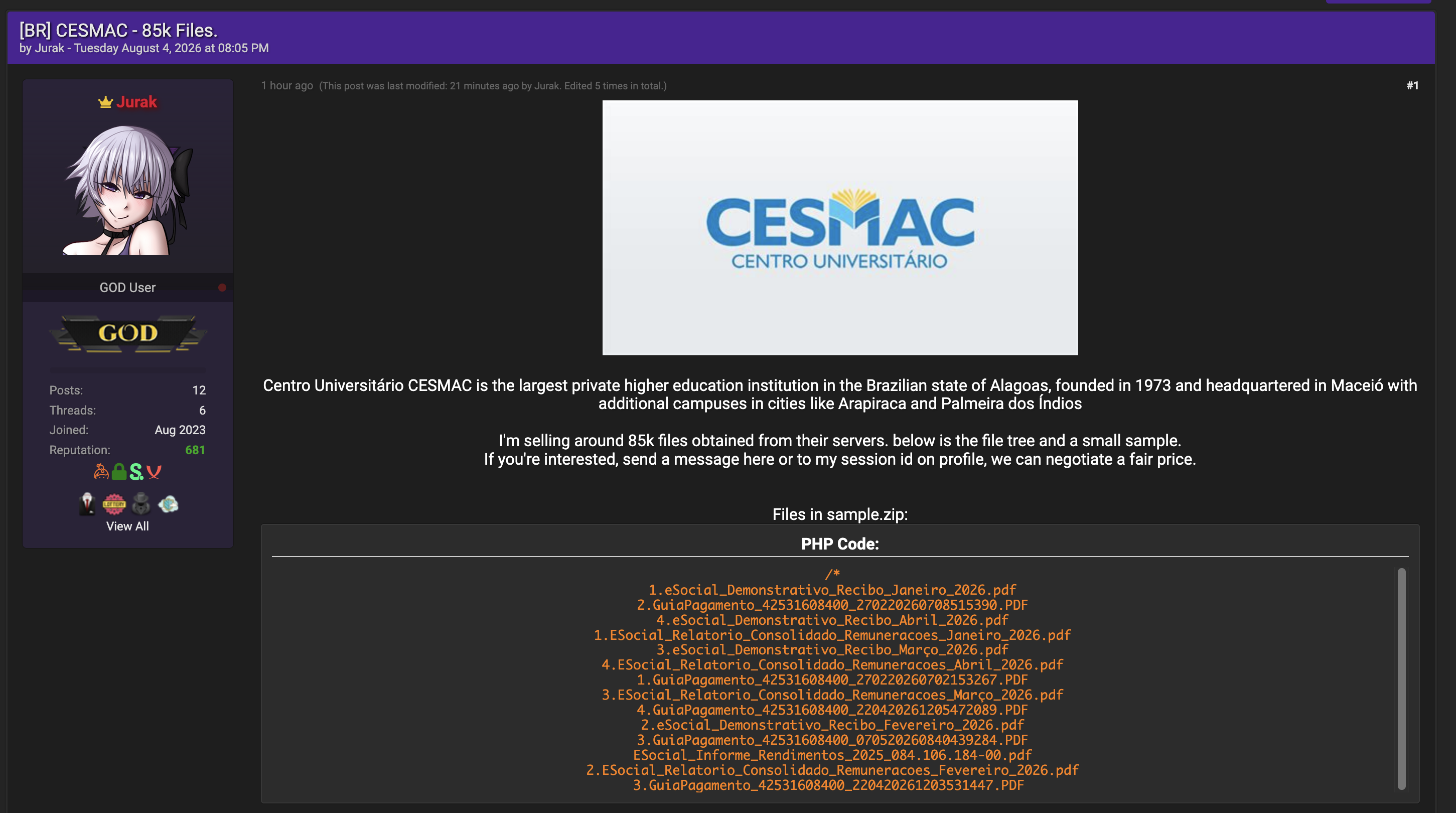 Alleged data breach of Centro Universitário CESMAC