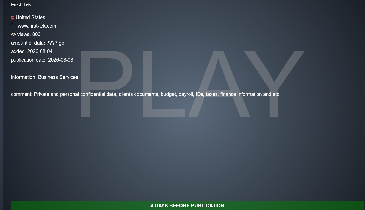 First Tek, Inc. falls victim to PLAY ransomware