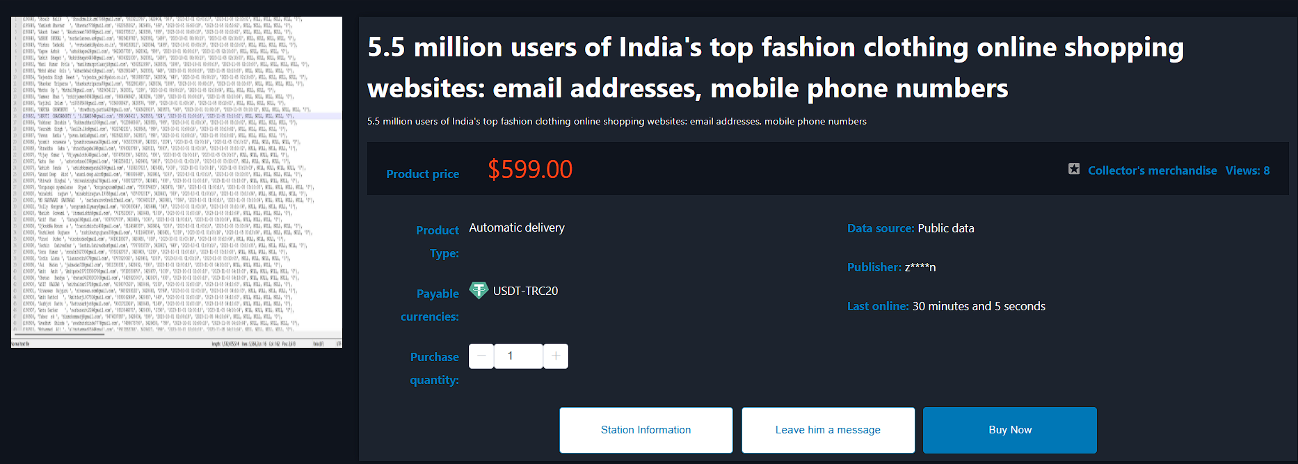 Alleged Sale of 5.5M Indian Fashion Website User Data