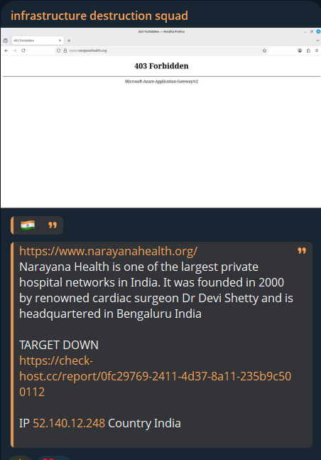 Infrastructure Destruction Squad targets the website of Narayana Health