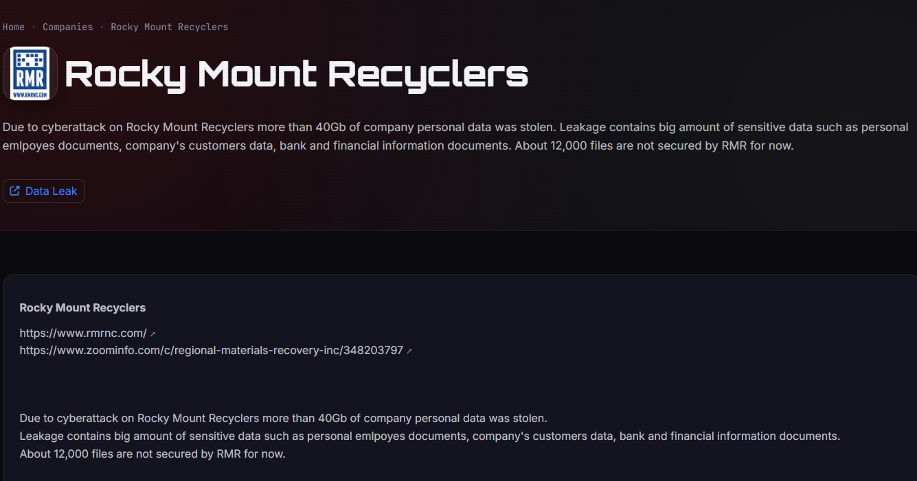 Rocky Mount Recyclers, Inc. Falls Victim to Dark Project Ransomware