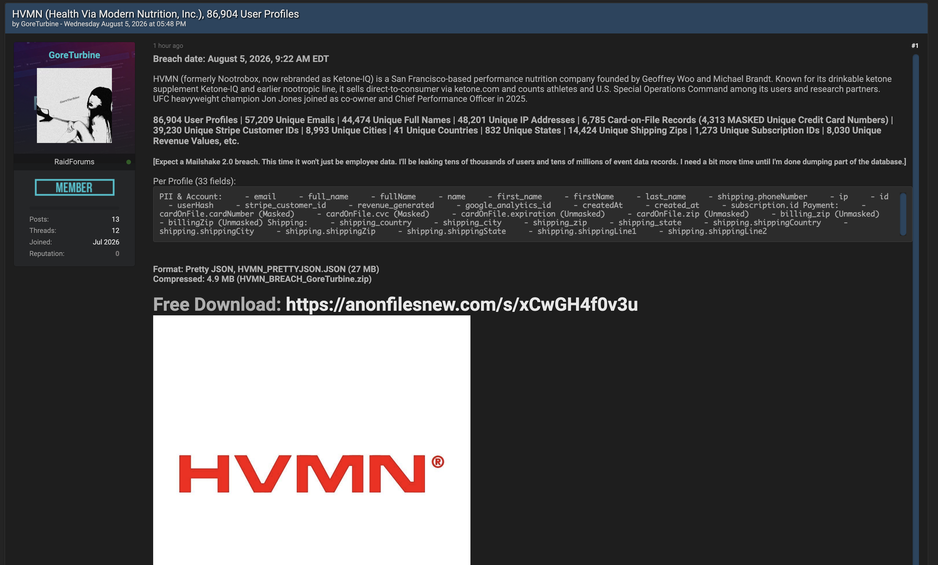 Alleged data breach of HVMN