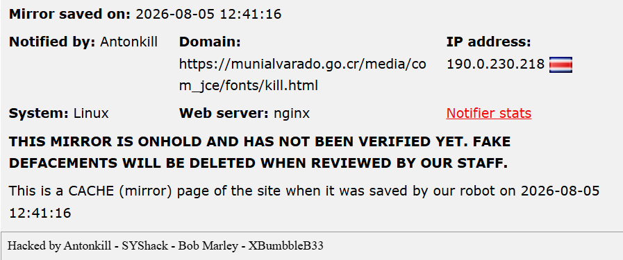 Antonkill targets the website of Municipality of Alvarado