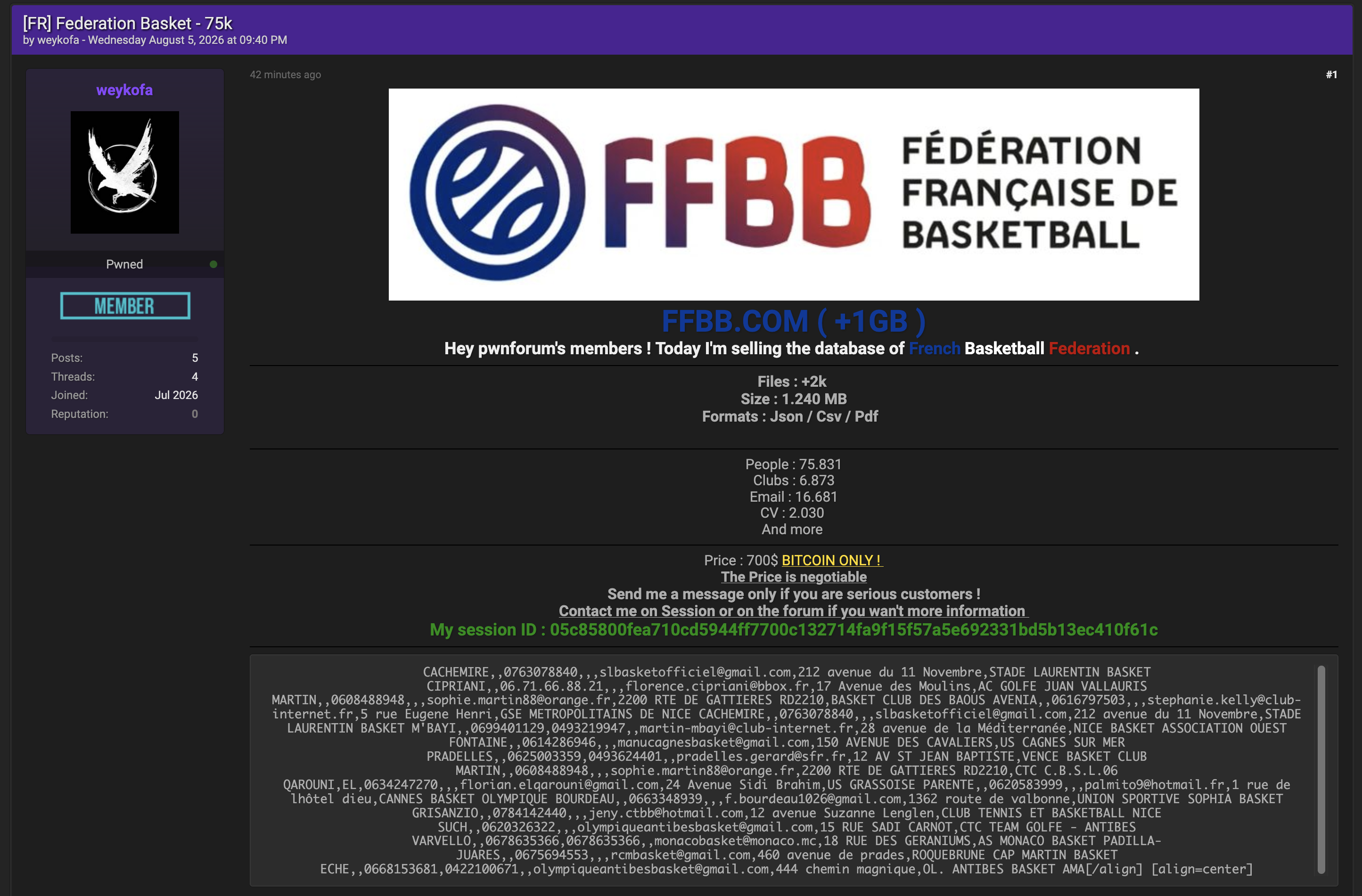 Alleged data breach of Fédération Française de Basketball (FFBB)