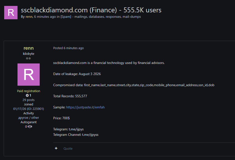 Alleged sale of SS&C Black Diamond Wealth Solutions