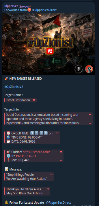 RipperSec targets the website of Israel Destination