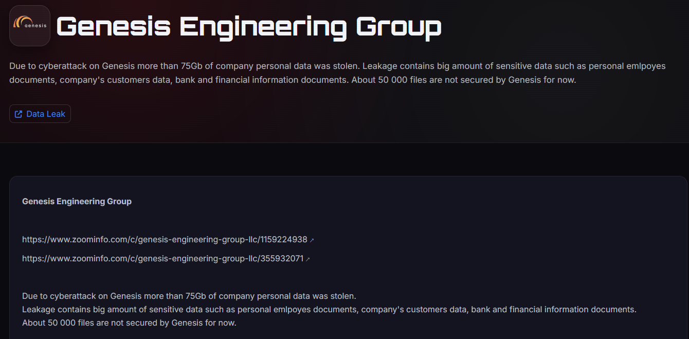 Genesis Engineering Group, LLC Falls Victim to Dark Project Ransomware