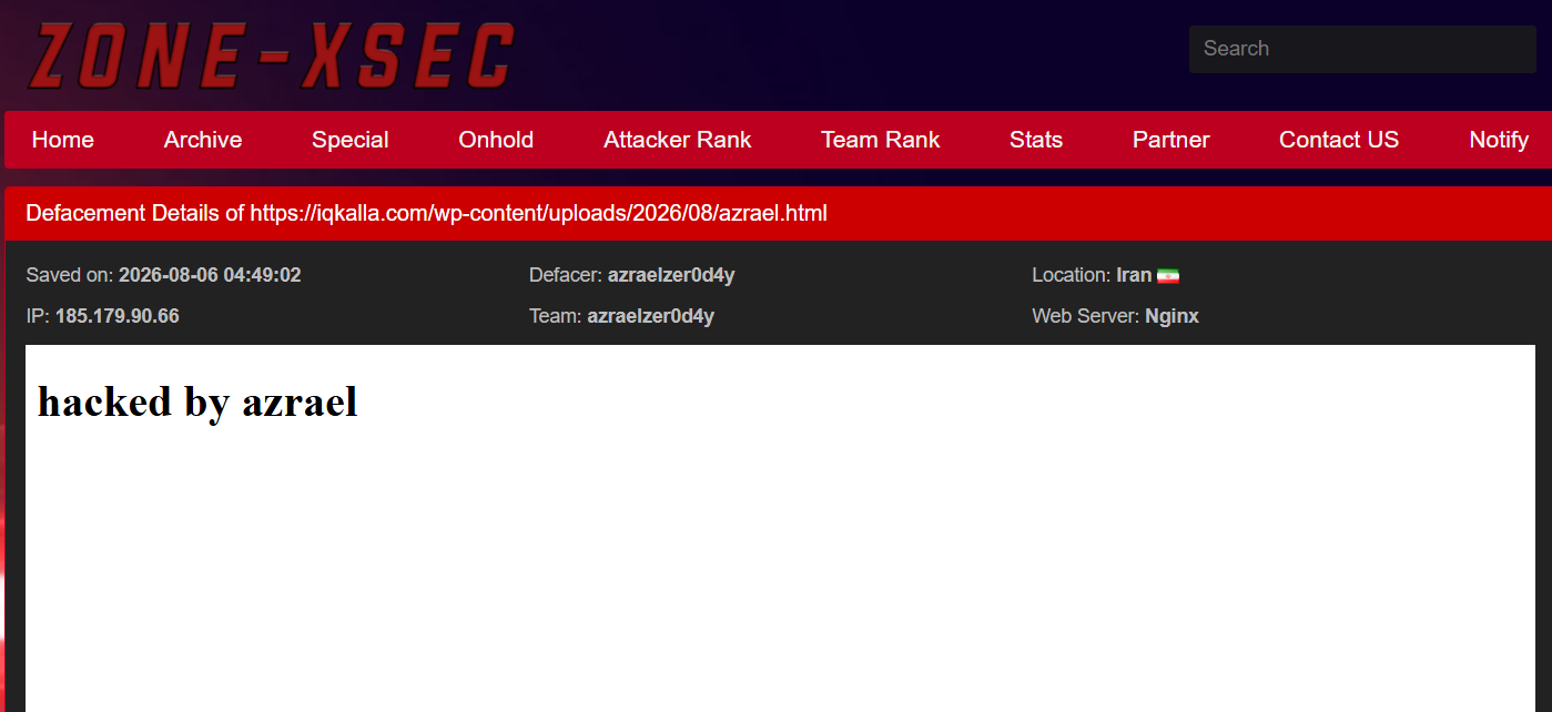 azraelzer0d4y targets the website of IQ Kalla