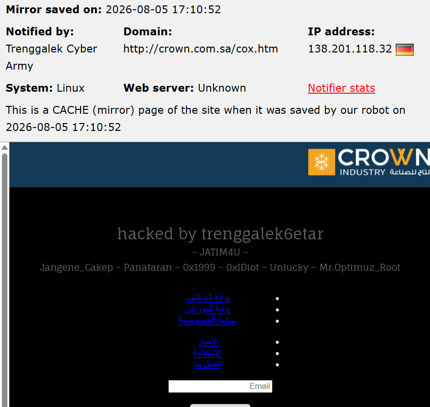 Trenggalek Cyber Army targets the website of Crown Industries