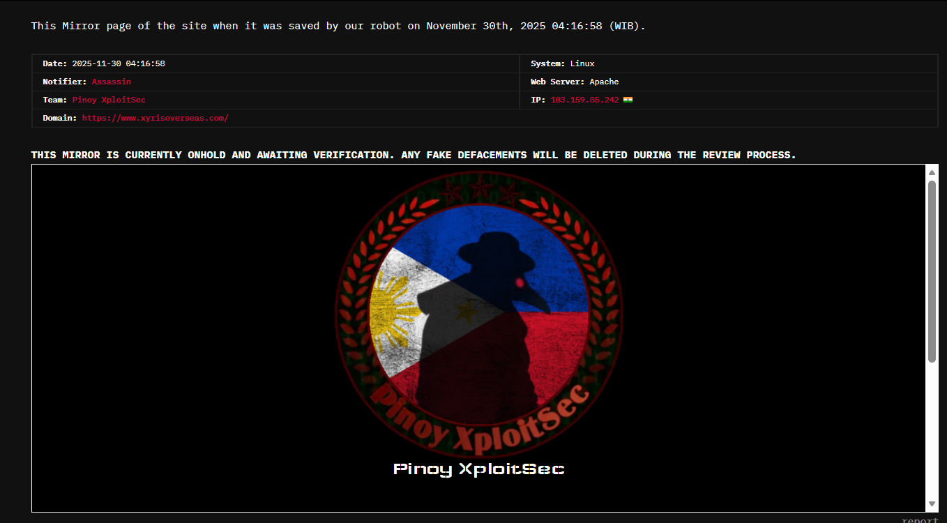 Pinoy XploitSec瞄准Xyris Overseas网站