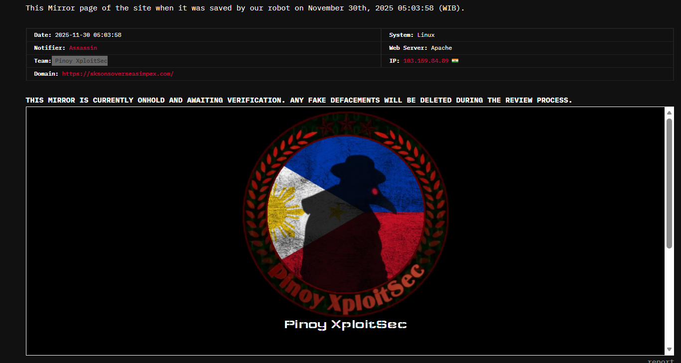 Pinoy XploitSec瞄准SK Sons Overseas Impex网站