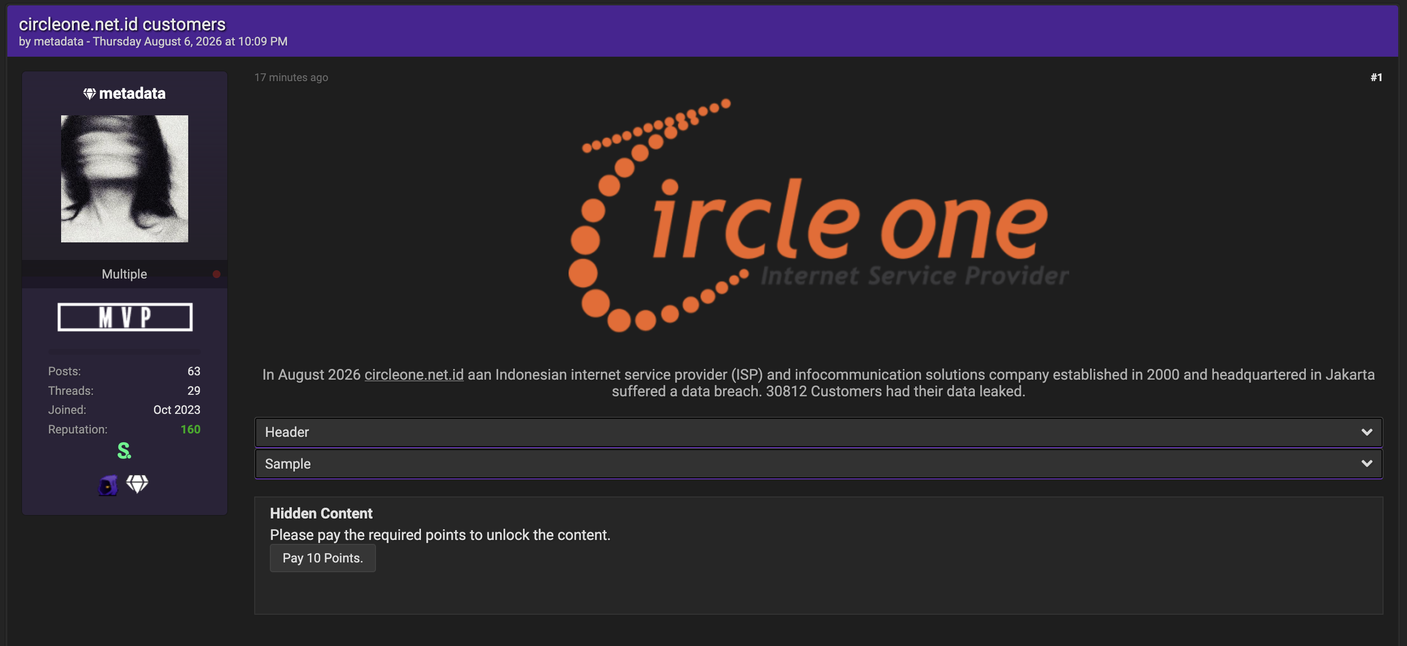Alleged data breach of Circle One