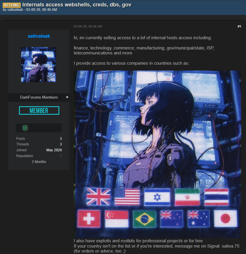Alleged sale of unauthorized internal webshell access to multiple countries