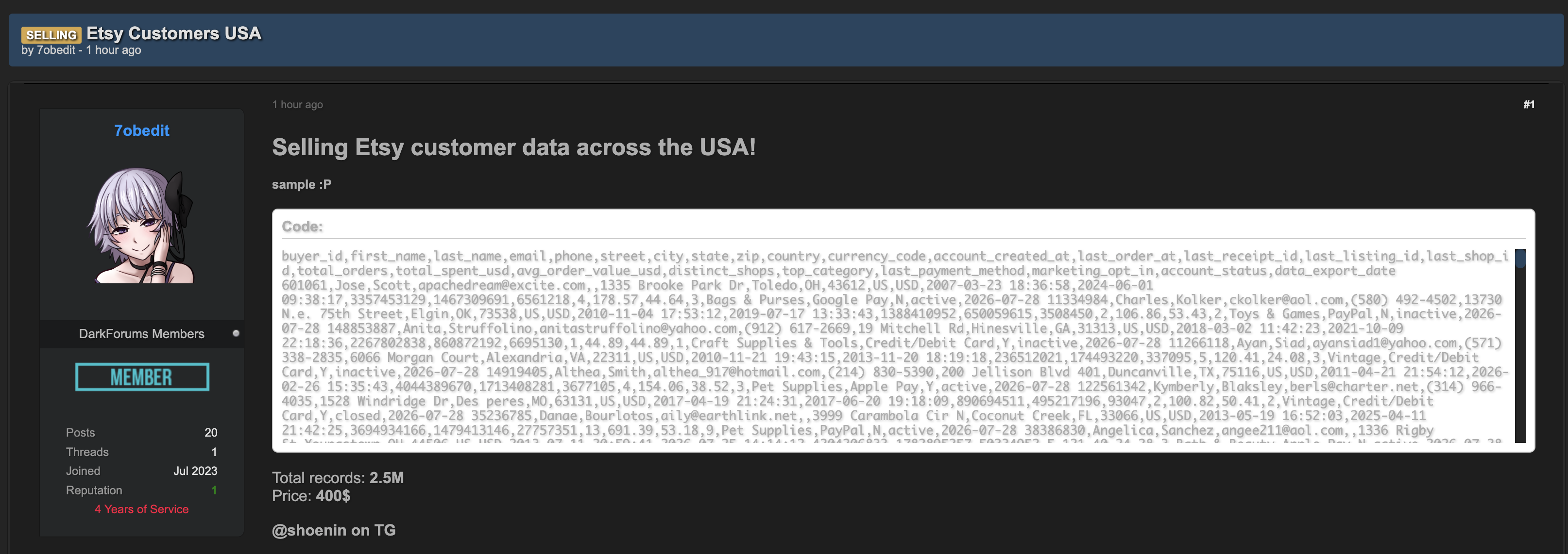 Alleged data breach of Etsy