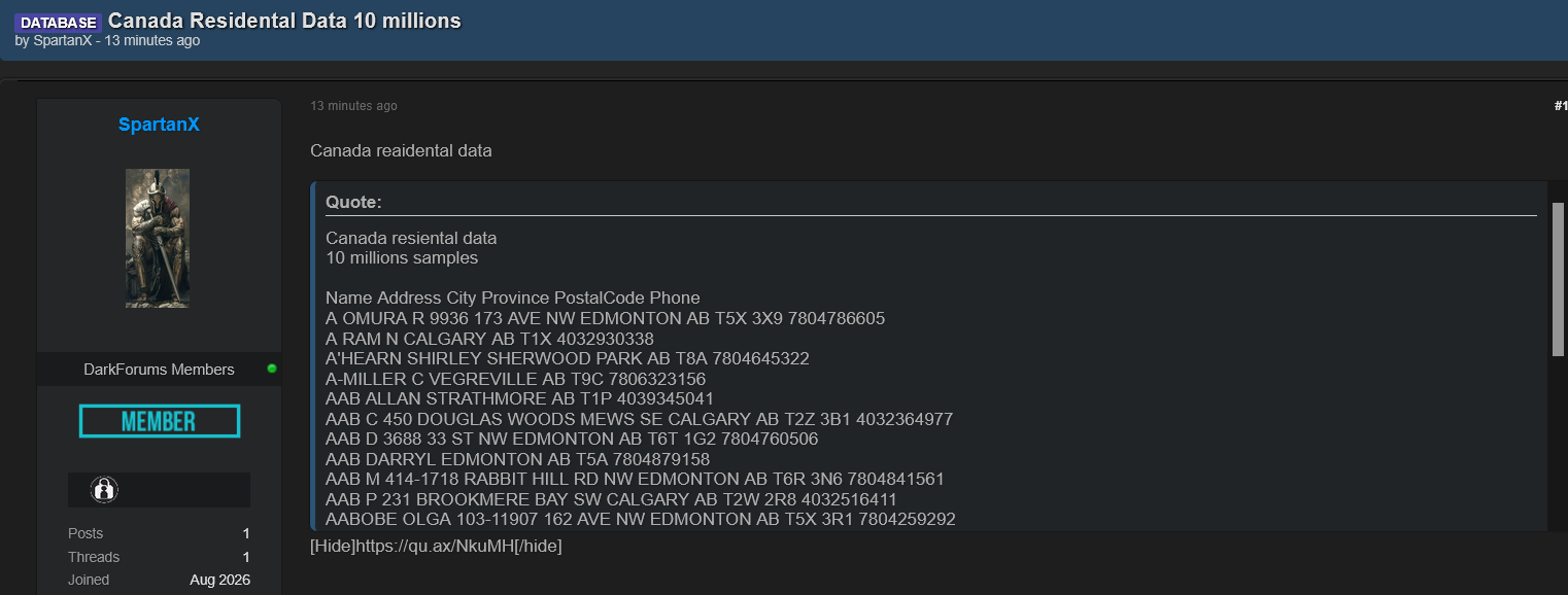 Alleged Leak of Canadian Residential Data
