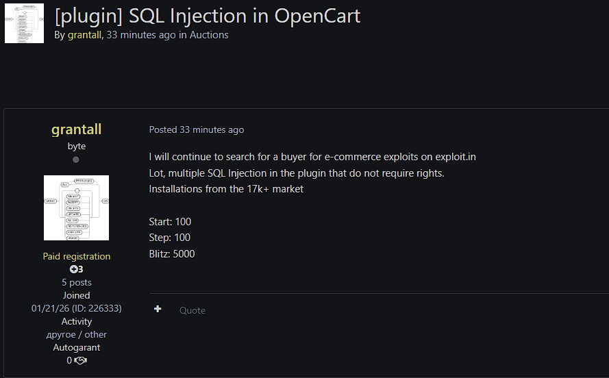 Alleged sale of OpenCart Plugin SQL Injection Vulnerability