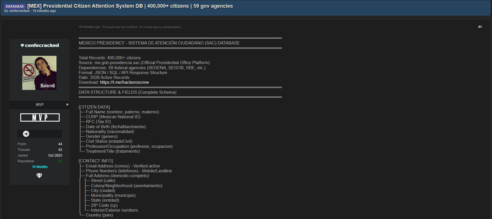 Alleged data breach of CITIZEN SERVICE SYSTEM (SAC), Mexico