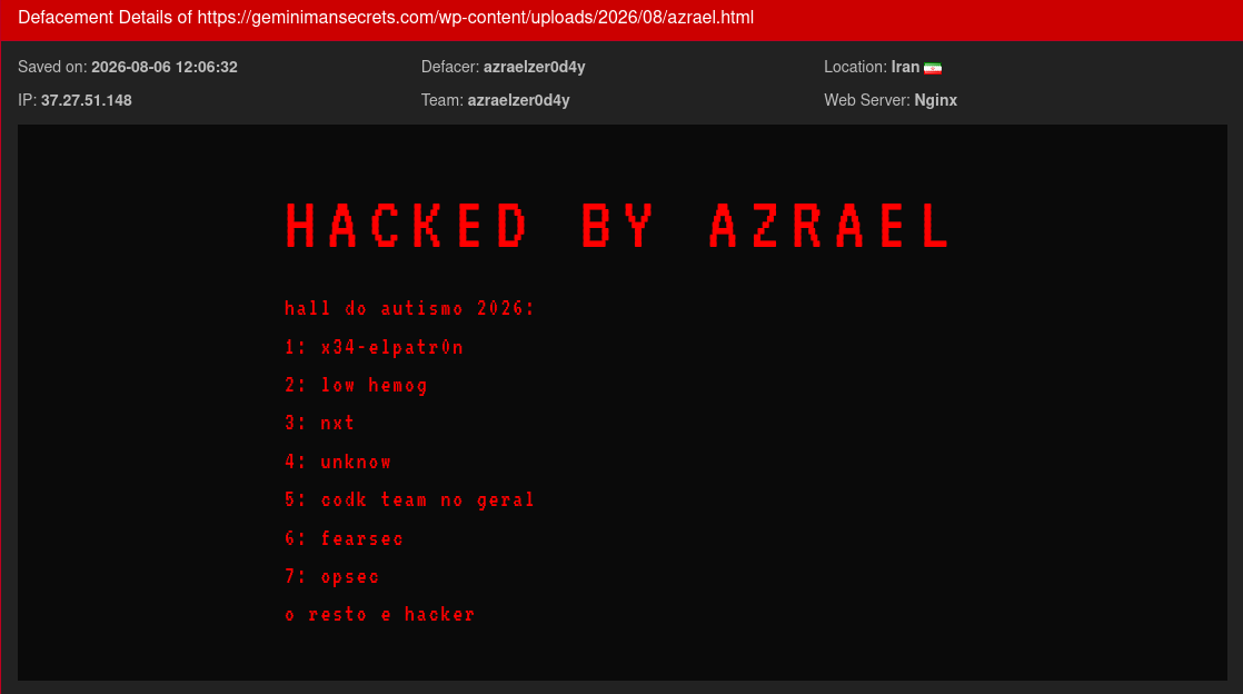 azraelzer0d4y targets the website of Gemini Man Secrets