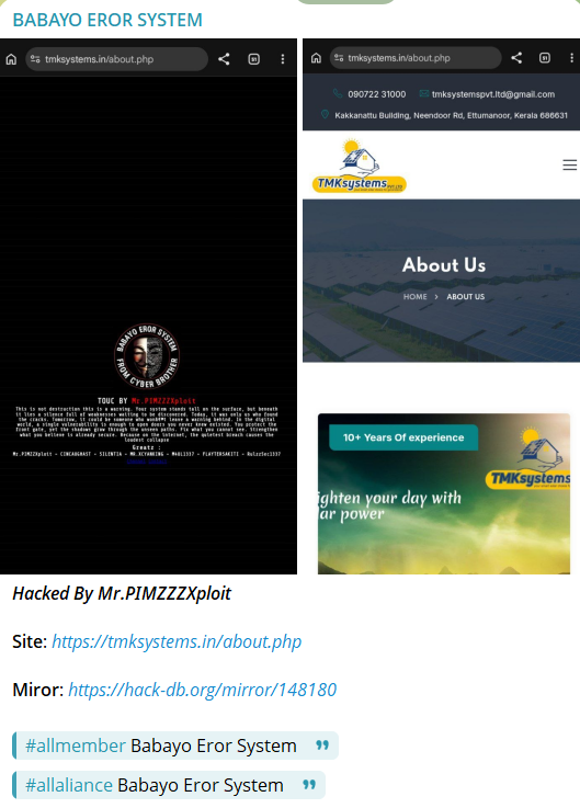 BABAYO EROR SYSTEM targets the website of TMK Systems Pvt Ltd