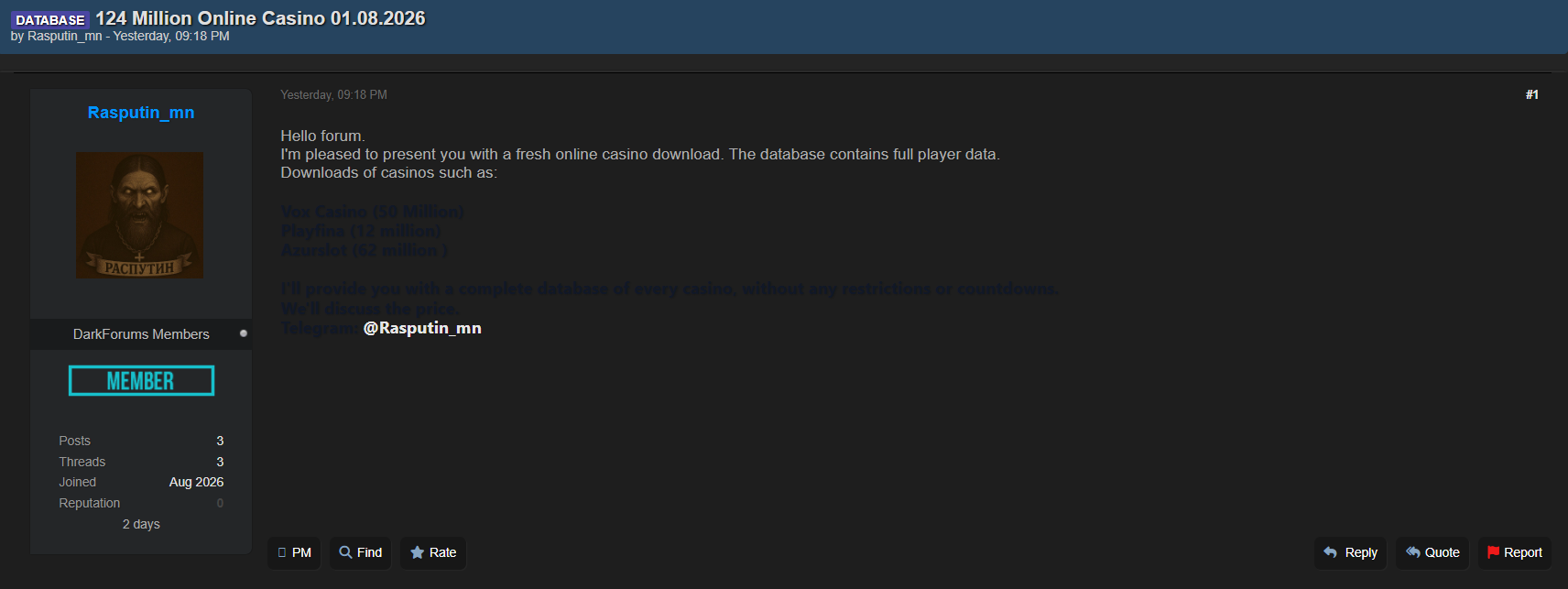 Alleged Sale of Playfina Customer Database