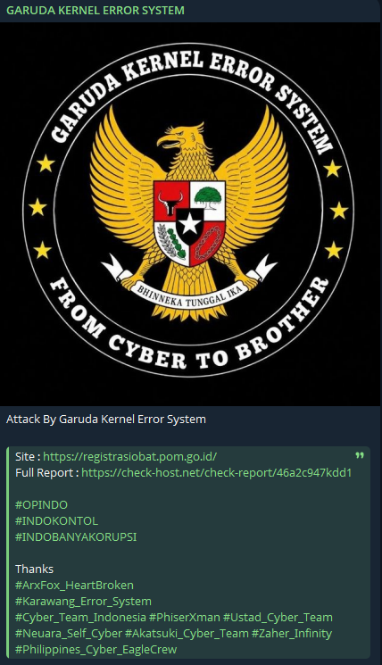 GARUDA KERNEL ERROR SYSTEM targets the website of Badan Pengawas Obat dan Makanan