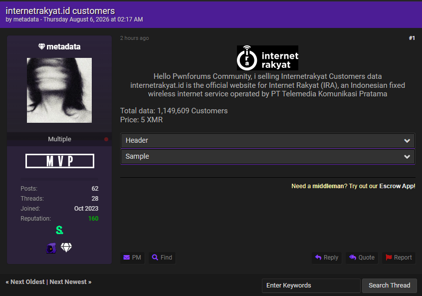 Alleged data breach of Internet Rakyat