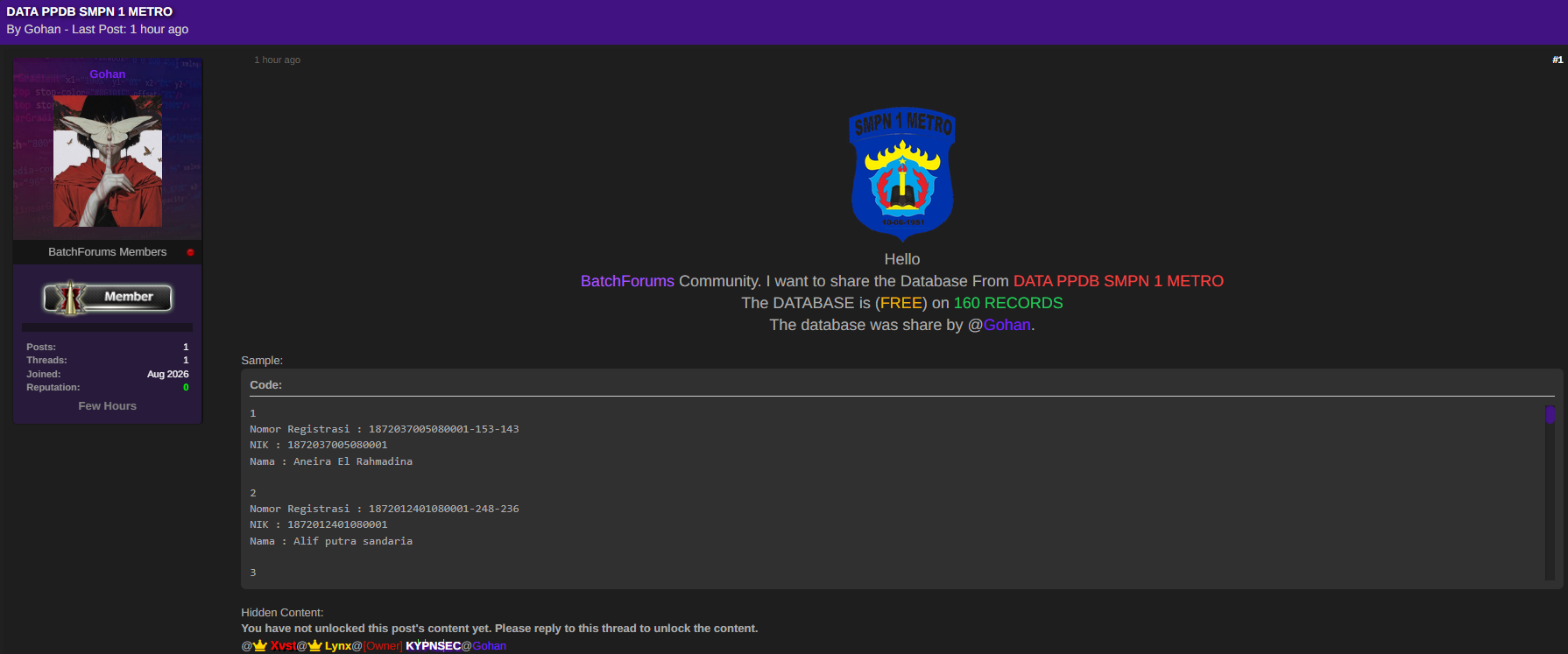 Alleged data breach of SMP NEGERI 1 METRO