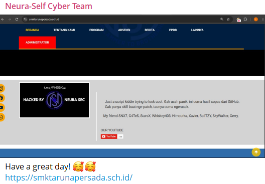 Neura Self Cyber Team targets the website of Taruna Persada Dumai Vocational School