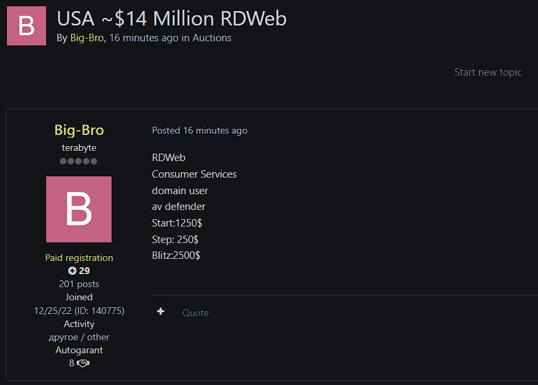 Alleged Sale of Unauthorized US RDWeb Access