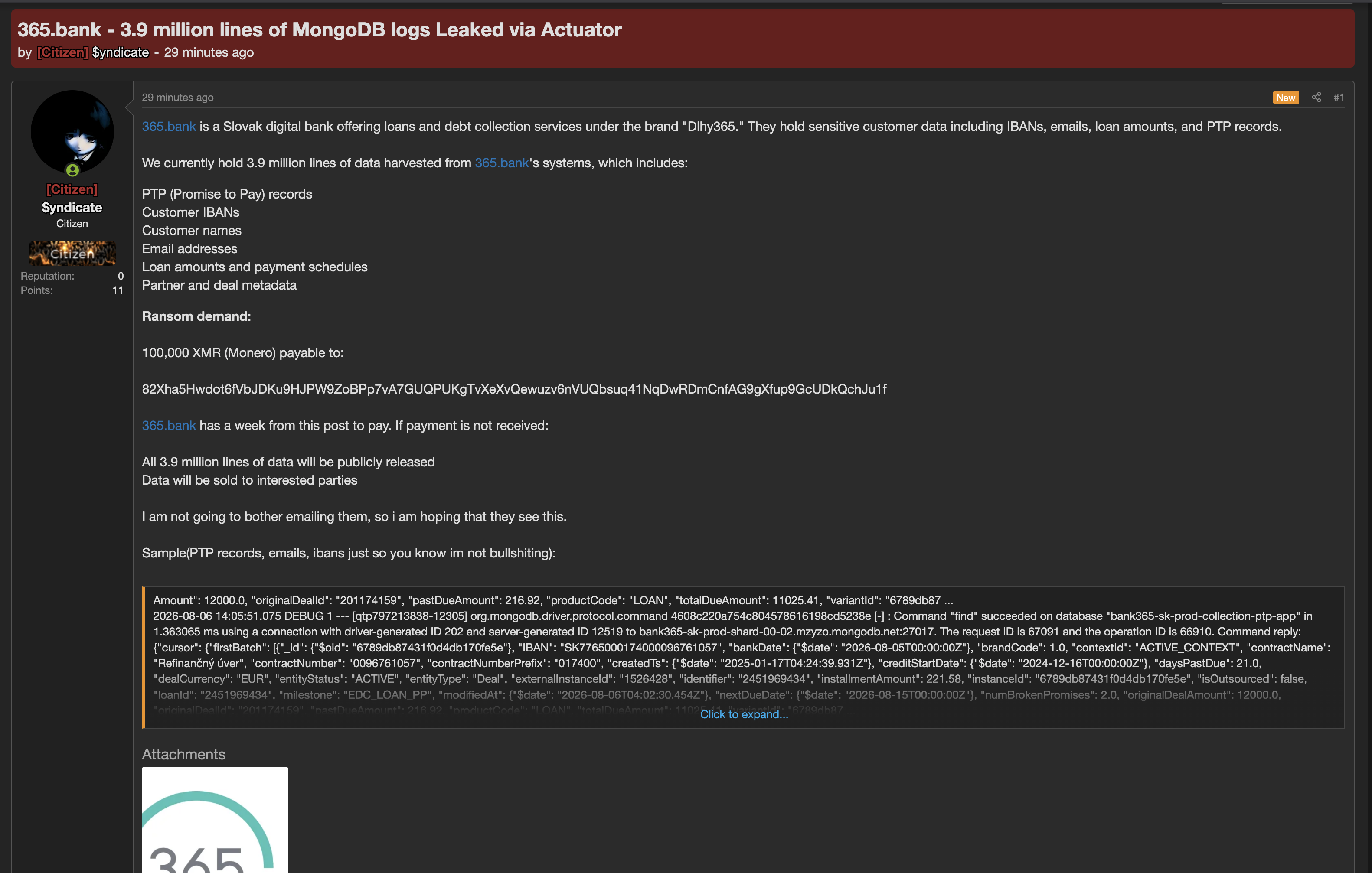 Alleged data breach of 365.bank