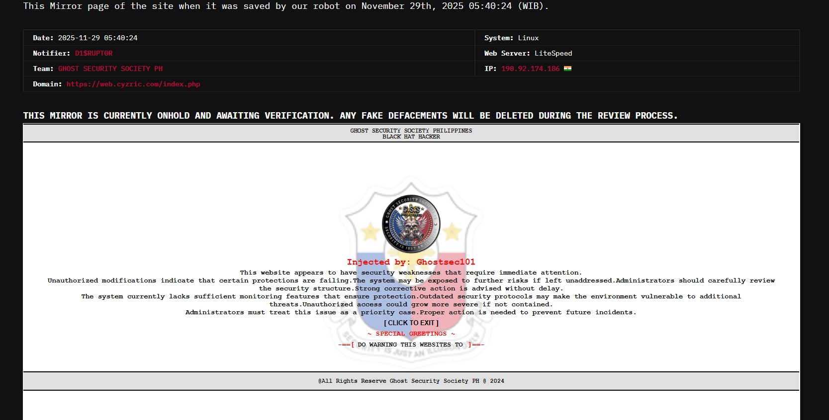 D1$RUPT0R针对Cyzric India Services的网站