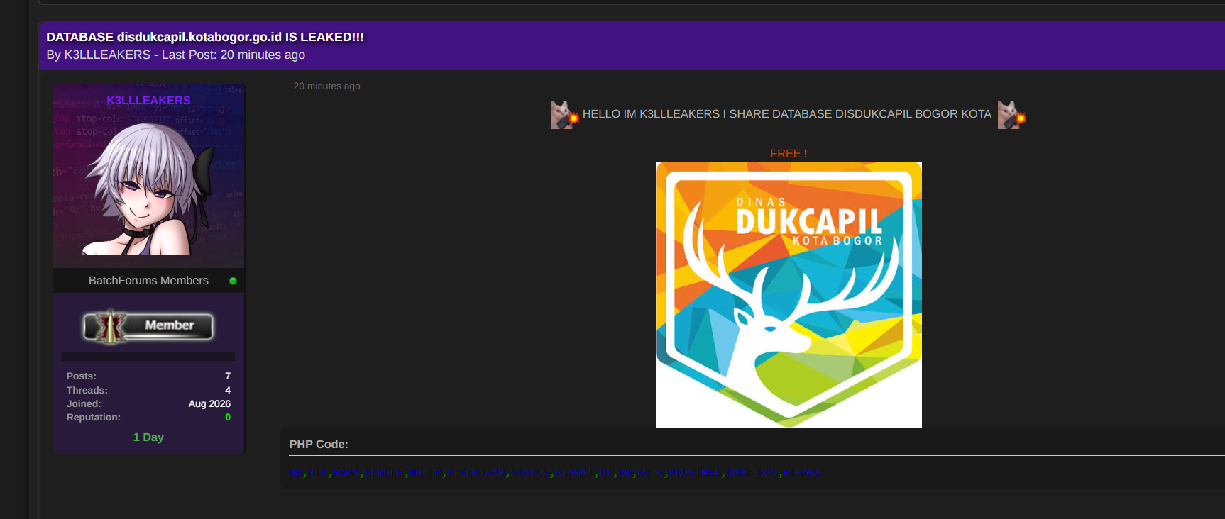 Alleged leak of Bogor City Population and Civil Registration Office database