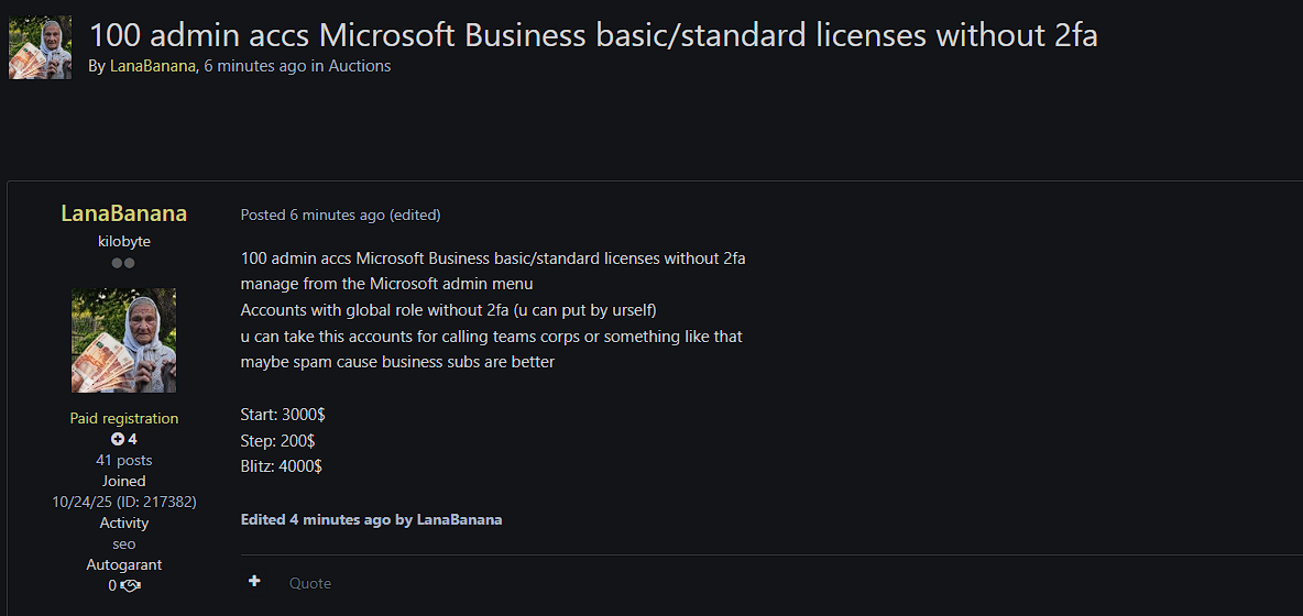 Alleged Sale of Microsoft 365 Admin Accounts Access