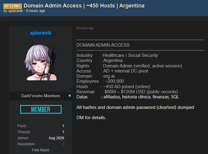 Alleged sale of unauthorized Domain admin access to an unidentified healthcare organization in Argentina