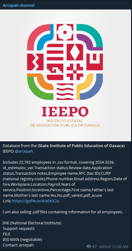 Alleged Sale of Employee Data from the State Institute of Public Education of Oaxaca (IEEPO)