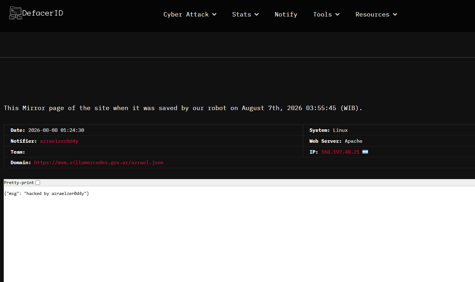 azraelzer0d4y targets the website of Municipality of Villa Mercedes