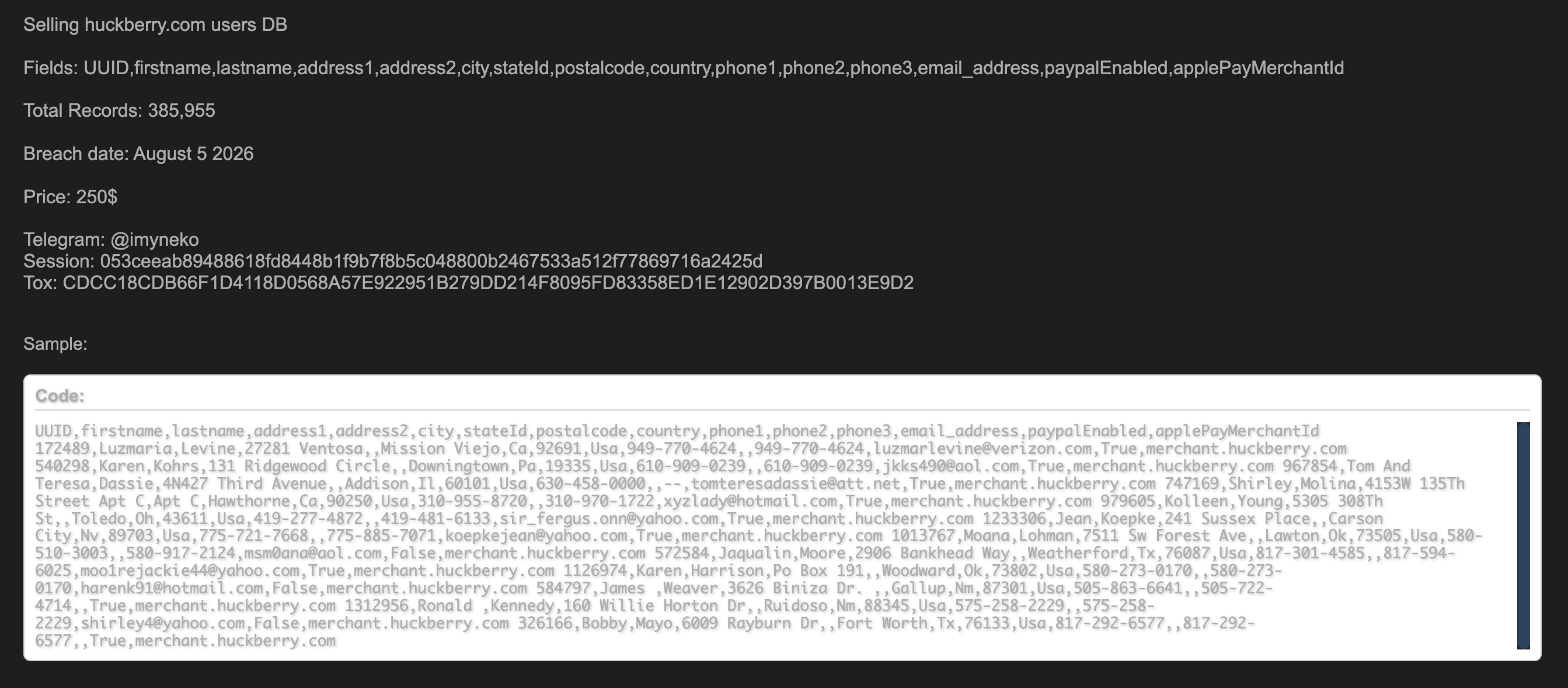 Alleged data breach of Huckberry