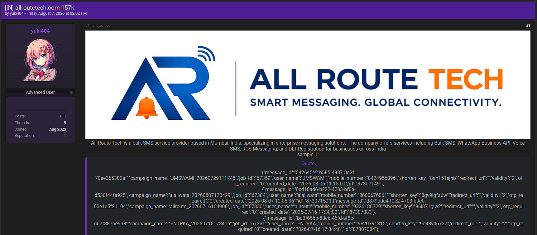 Alleged Sale of AllRoute Tech Database
