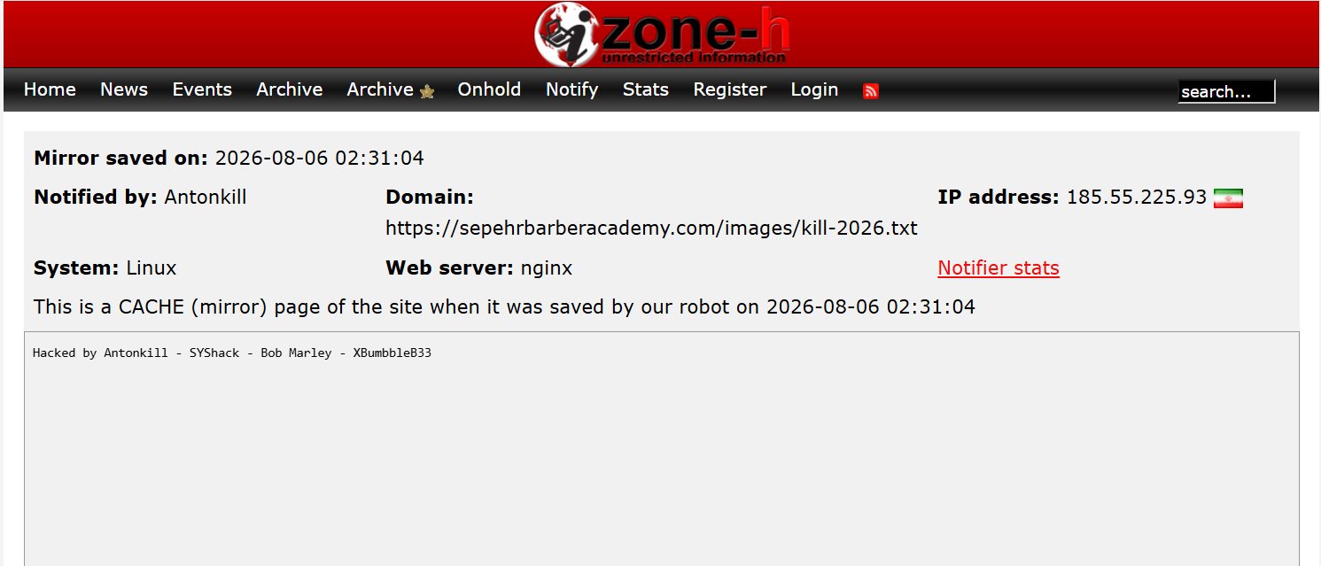 Antonkill targets the website of Sepehr Barber Academy