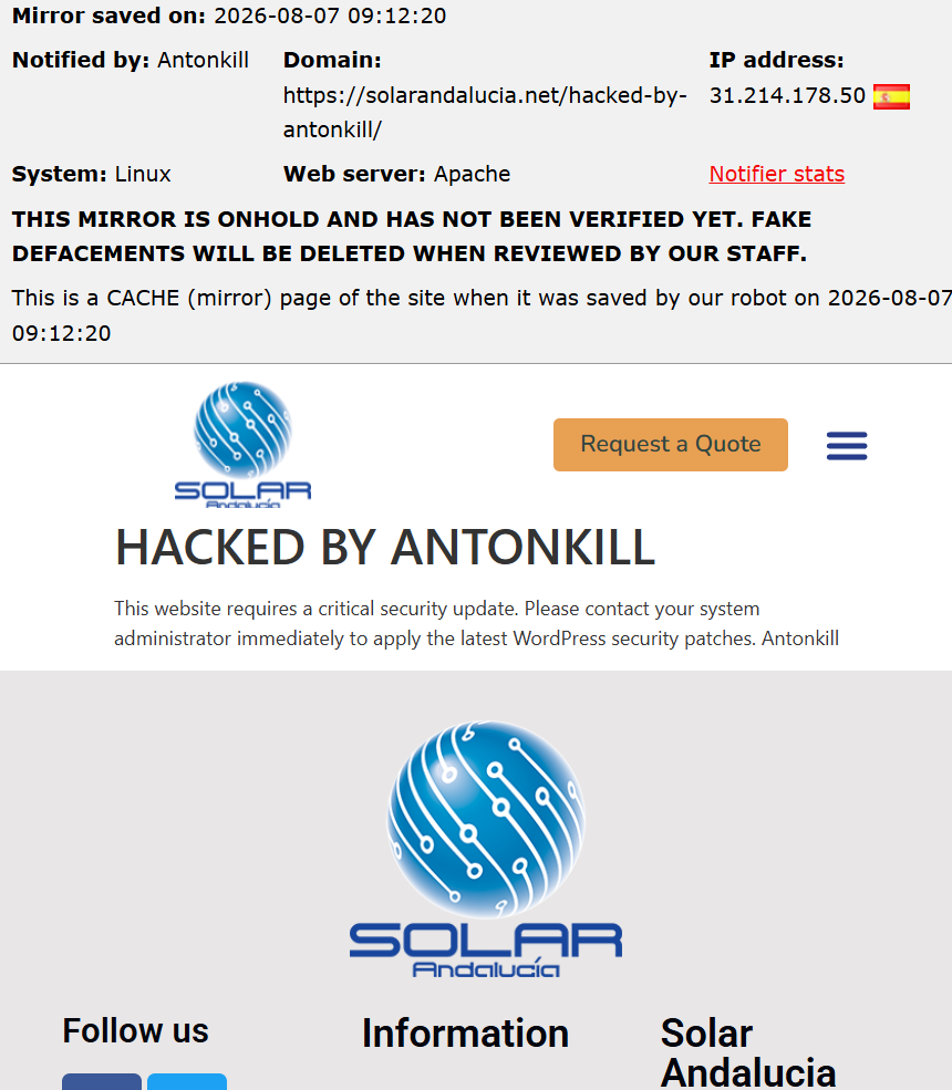 Antonkill targets the website of Solar Andalusia