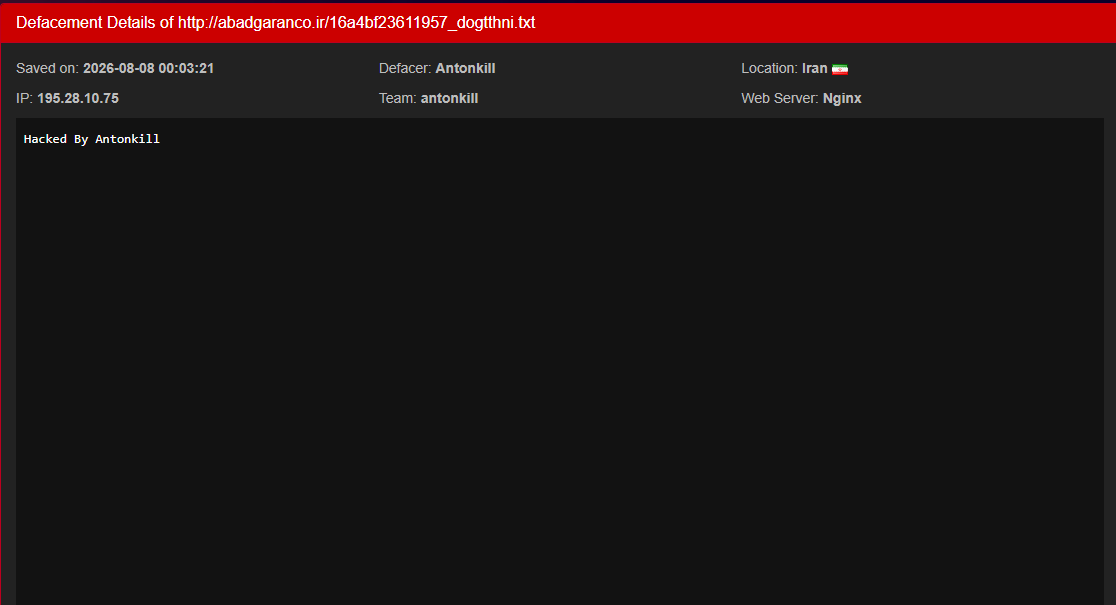 Antonkill targets the website of Abadgaran Diar Arya Co