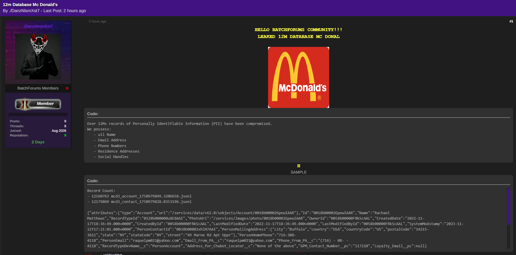Alleged Sale of McDonald’s Database