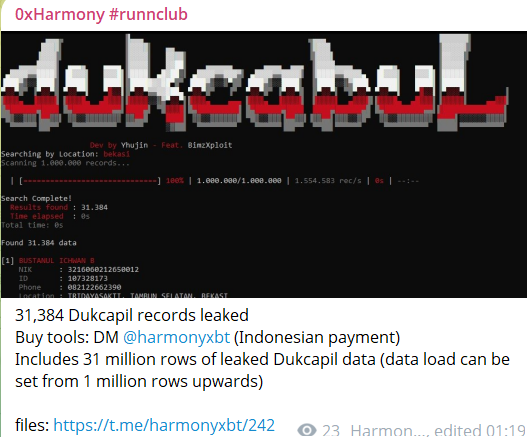 Alleged data leak of Dukcapil Indonesia