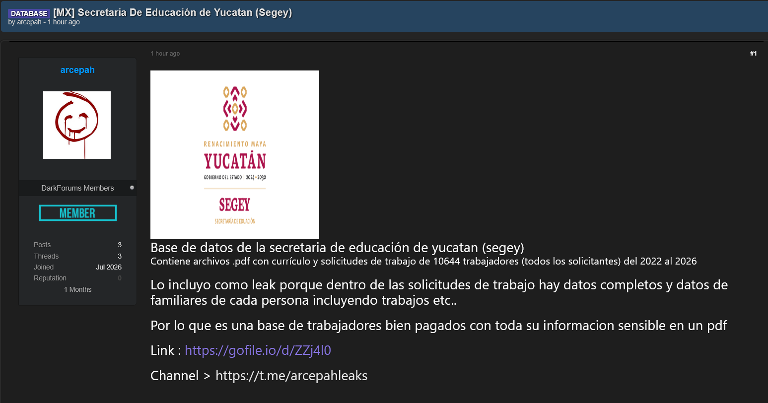 Alleged data breach of Secretaría de Educación del Gobierno del Estado de Yucatán