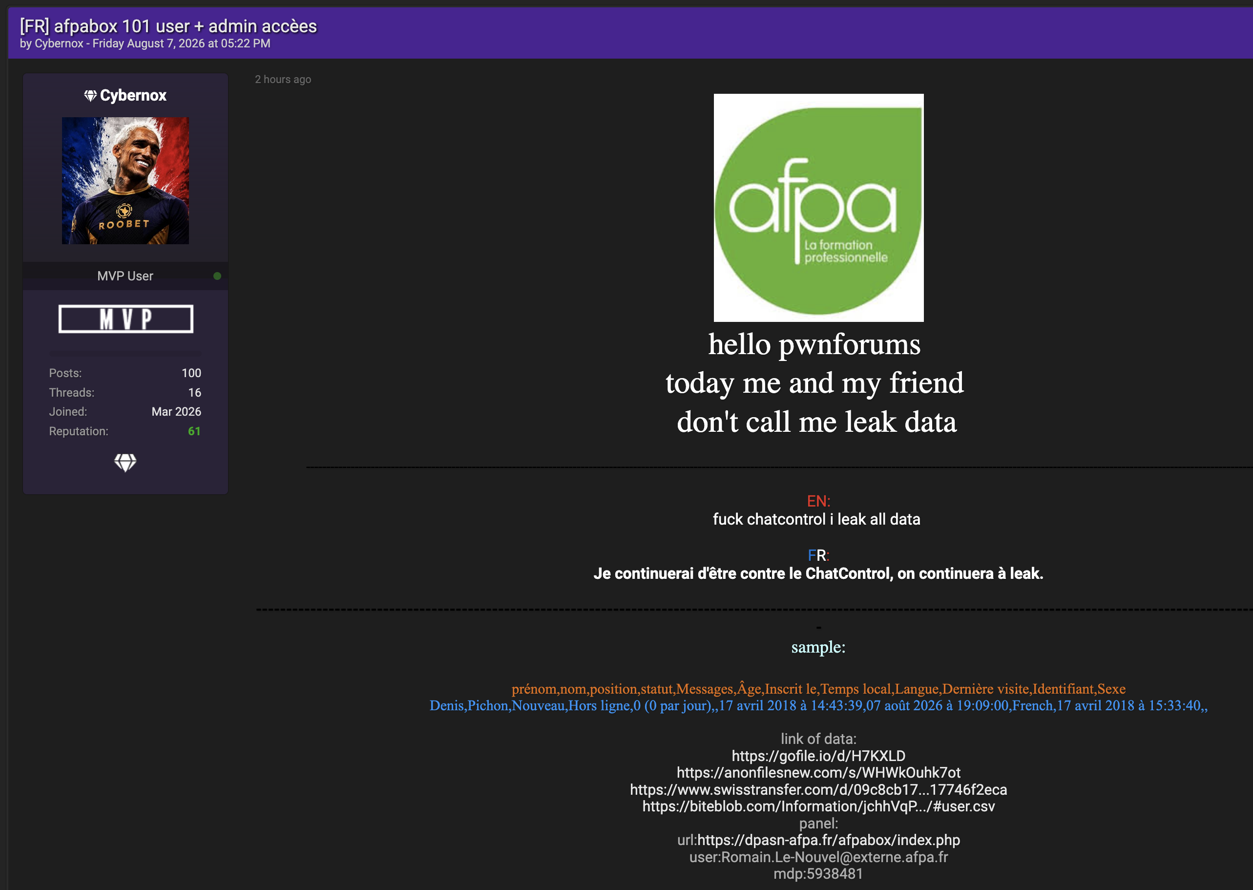 Alleged data breach of AFPA