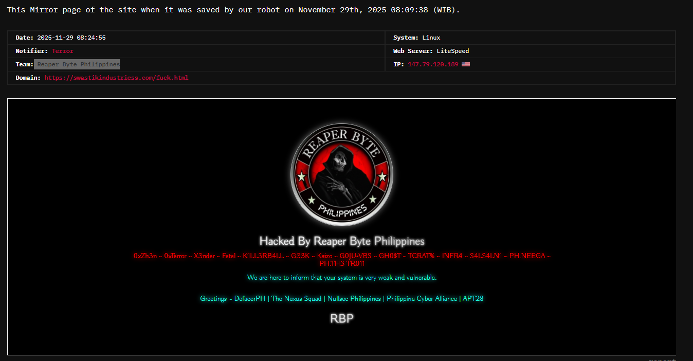Reaper Byte Philippines瞄准Swastik Industries网站
